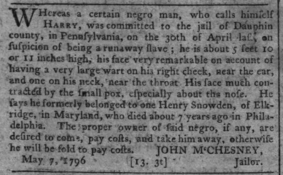 Advertisement for a captured fugitive slave, 1796.